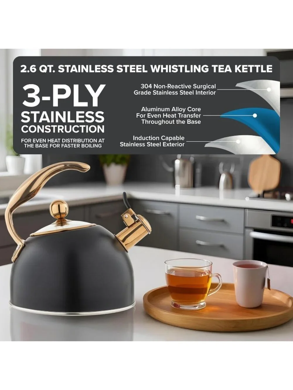 Viking 2.6 Qt 3-Ply Stainless Steel Kitchen Tea Kettle Black Induction Stovetop
